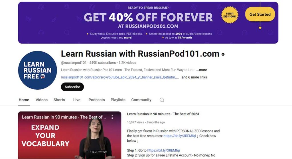 کانال یوتیوب Learn Russian with RussianPod101.com برای آموختن زبان روسی